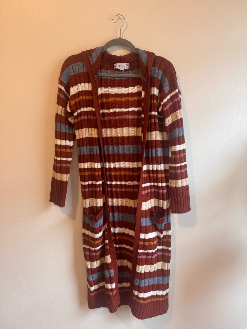 Pink Rose Striped Hooded Long Cardigan - Rust, Blue, Cream, Mustard
